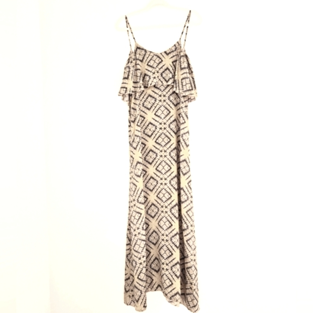 Blu Moon Silk Bronze Gold And Indigo Tribal Print Boho  Ruffle Maxi Dress